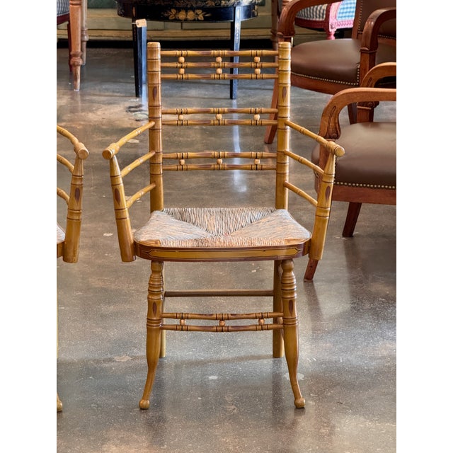 19th Century Pair of Painted Faux Bamboo Armchairs With Rush Seats For Sale - Image 6 of 10