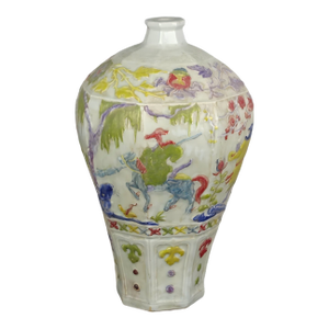 Chinese Vintage Ceramic Vase,Blue and White Famille Verte Porcelain Plum Vase Hand Relief Figure Story Pattern