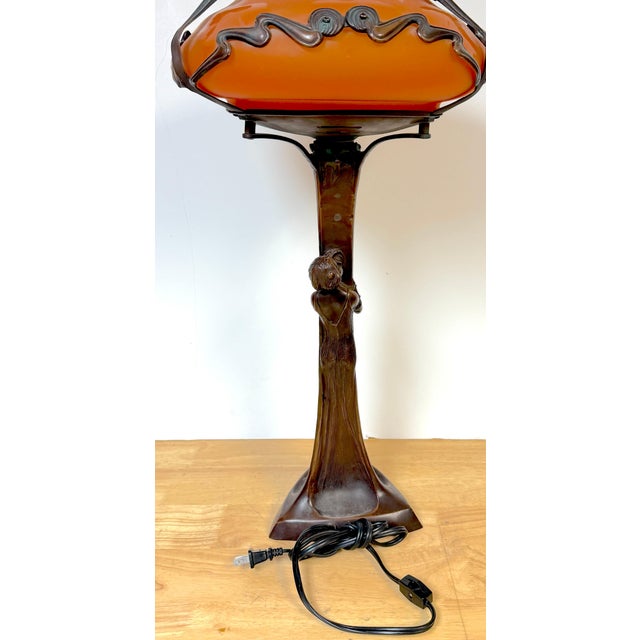 Art Nouveau Style Figural Bronze Lamp Loetz Style Orange Art Glass Shade, 20th C For Sale - Image 14 of 18