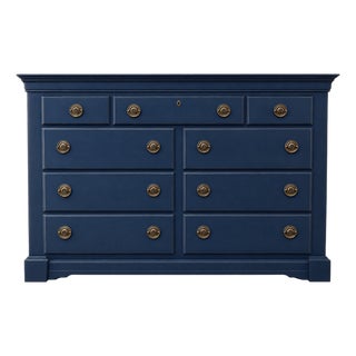 Navy Blue Vintage Bassett Nine-Drawer Dresser & Storage Chest For Sale