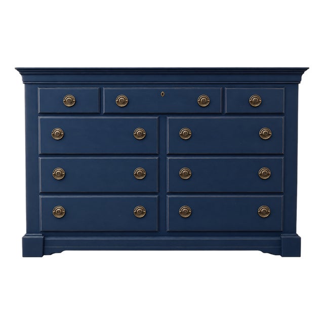 Navy Blue Vintage Bassett Nine-Drawer Dresser & Storage Chest For Sale
