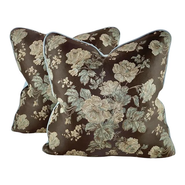 Duralee Highland Court Brown Green Robins Egg Blue Botanical Floral Rose Bouquet Woven Jacquard Pillow Covers- Pair For Sale