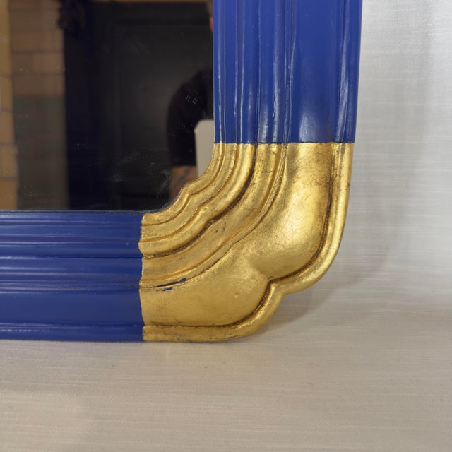 Wood Chic Vintage Mid-Century Chinoiserie Hollywood Regency Customized Newly Painted Blue and Hand-Gilt Wall Mirror For Sale - Image 7 of 7