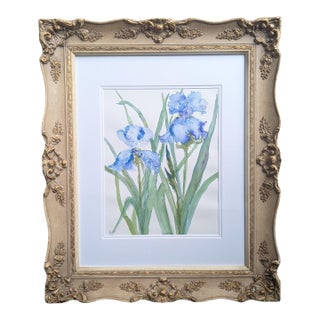Vintage Original Botanical Iris Flower Watercolor Painting For Sale