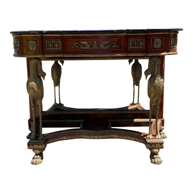 French Marble Top Brass Console Table With Mirror Front With Birds