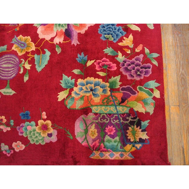 Early 20th Century 1930s Red Floral Modern Antique Chinese Art Deco Rug 8' 9" X 11' 6" Handknotted Wool Carpet For Sale - Image 5 of 6