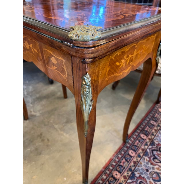 Wood 1900s Victorian Rosewood Game Table With Floral Inlay, Brass Details, Expandable, Original Condition For Sale - Image 7 of 10