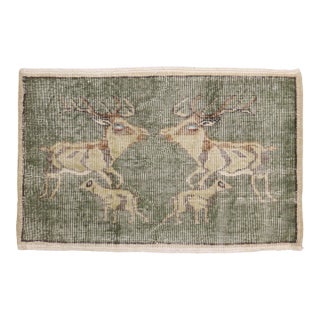 Green Turkish Deco Deer Rug - 1'9" x 2'3" For Sale