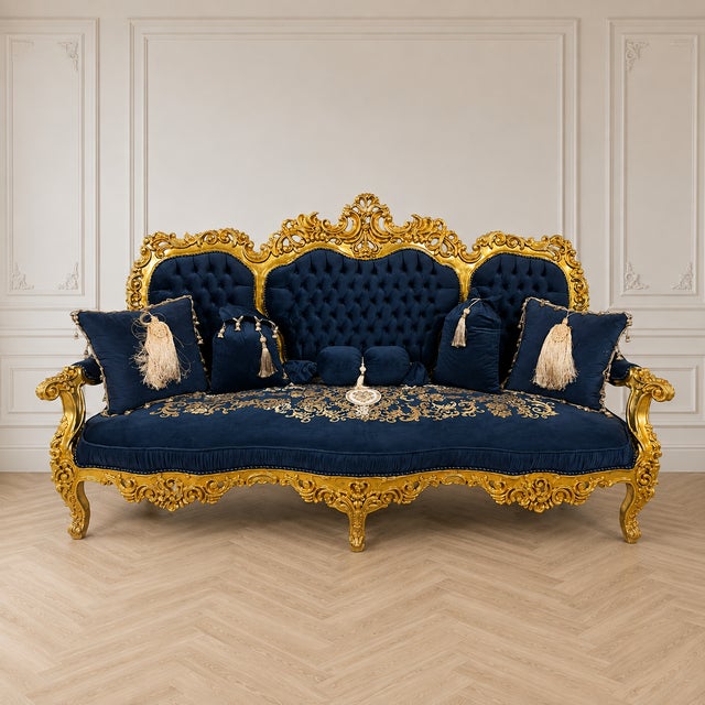 Make a dramatic statement with this luxurious French Baroque style settee, featuring an intricately carved wood frame...