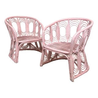 Vintage Pink Rattan Lounge Chairs- A Pair For Sale