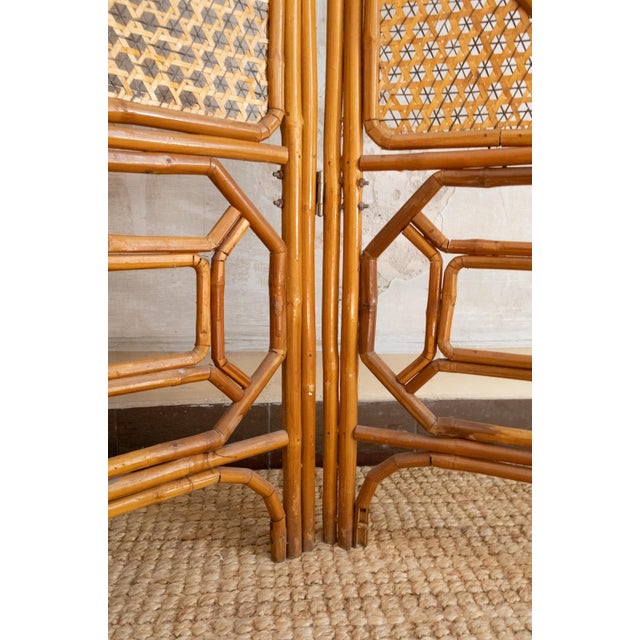 Folding Bamboo Screen with Woven Rush Panels, 1970s For Sale - Image 4 of 7