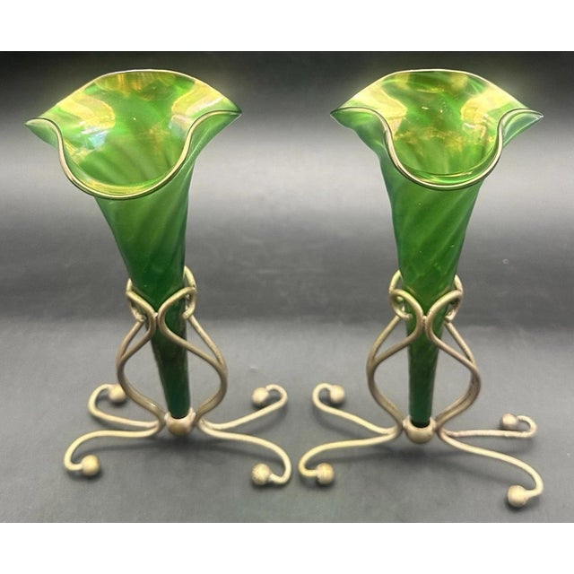 Antique Victorian Glass Epergne Trumpet Horn Vase Green Opaline Metal Base Pair For Sale - Image 4 of 17