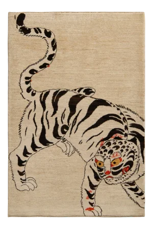 Handknotted Cream and Black Hunting Tiger Rug - 3'6"x5'