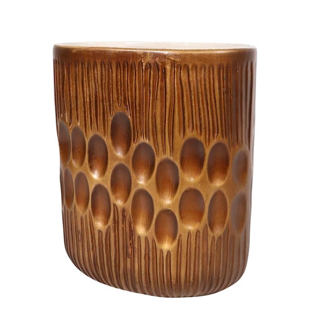 Cool 1970's Brutalist school vase, planter by Haeger Pottery. Overall good condition, tight hairline crack evident at top...