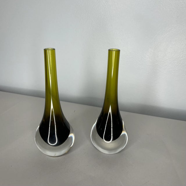 Pair of stunning bud vases by Antonio da Ros, Murano Italy. Polished bases. Both are in exceptional condition. Olive...