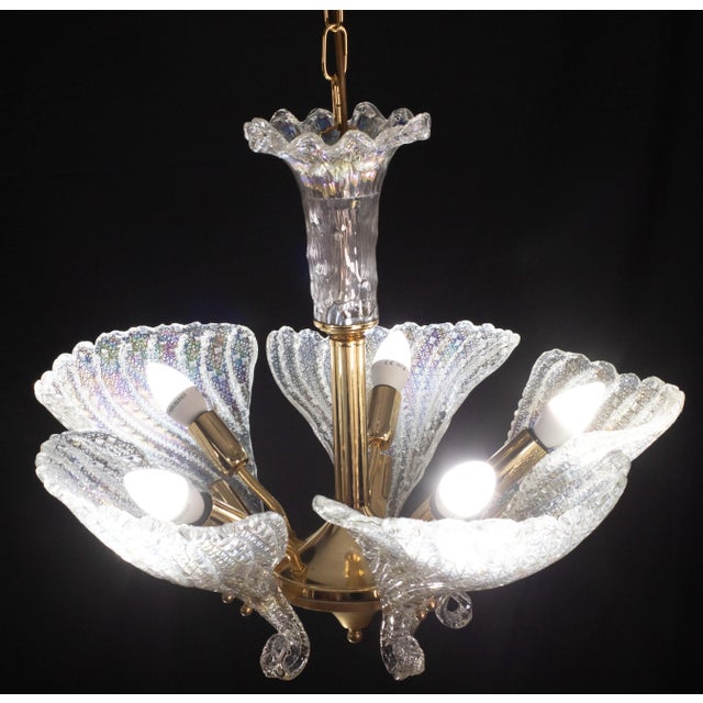 Elegant Murano chandelier with 5 multicolor iridescent leaves. The chandelier is perfectly intact and in perfect vintage...