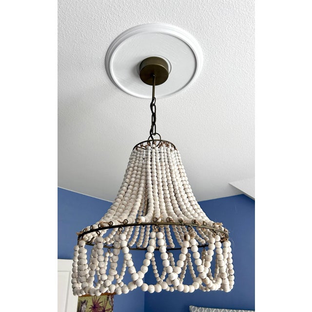 White White Washed Wooden Beaded Chandelier For Sale - Image 8 of 12