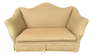 Baker Furniture Company Camelback Loveseat Upholstered in Gold Luxury Fabric - Vintage Early 21st Century