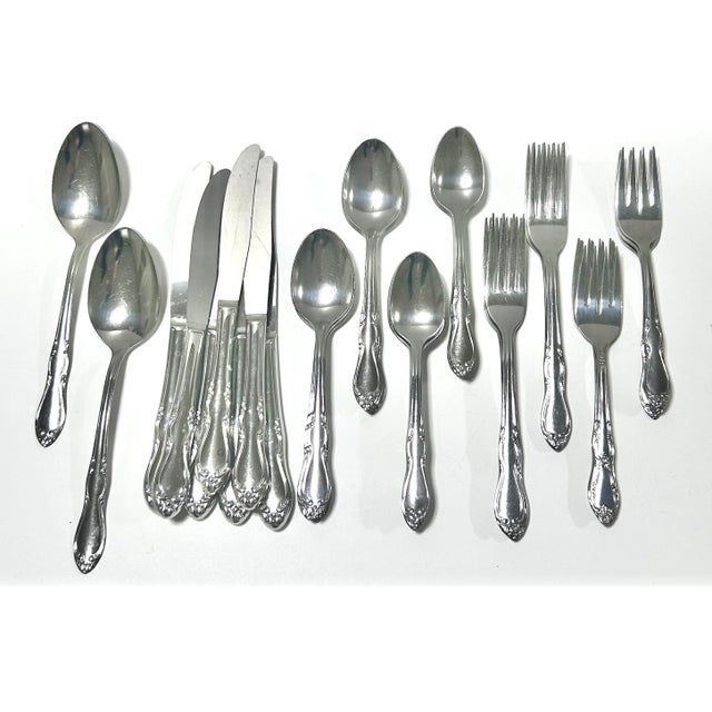 Modern Vintage Rogers Stainless Steel Flatware Set – 48 Piece Mid Century Floral Pattern Tableware For Sale - Image 3 of 9