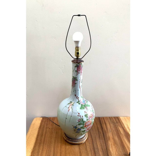 Vintage Celedon Chinoiserie Floral Hand Painted Lamp With Matching Shade For Sale In San Diego - Image 6 of 11