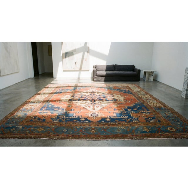 Red 1880s Red Blue Geometric Antique Serapi Rug 12'6" X 14'6" Handknotted Wool Carpet For Sale - Image 8 of 8