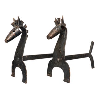 Mid-Century Brutalist Wrought Iron Horse Andirons or Fire Dogs, 1950s, Set of 2 For Sale