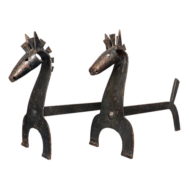 Mid-Century Brutalist Wrought Iron Horse Andirons or Fire Dogs, 1950s, Set of 2 For Sale