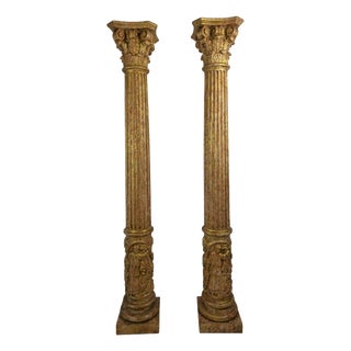 Carved and Gilded Wooden Columns with Figural Bases, 1920, Set of 2 For Sale