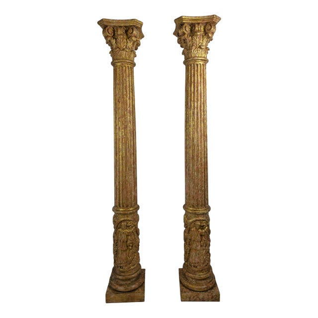 Carved and Gilded Wooden Columns with Figural Bases, 1920, Set of 2 For Sale