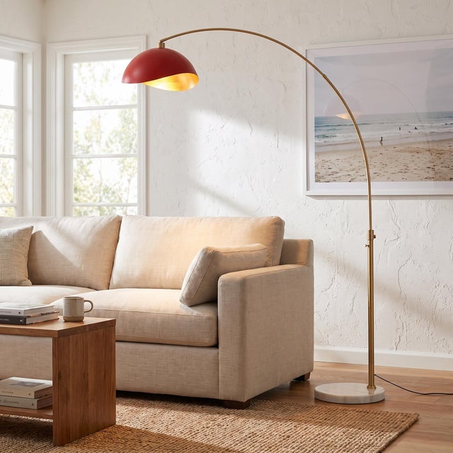 Mid-Century Modern 1960s Nova of California Adjustable Arc Floor Lamp - Mid Century Modern, Red/Gold Shade, White Marble Base, Dimmable For Sale - Image 3 of 5