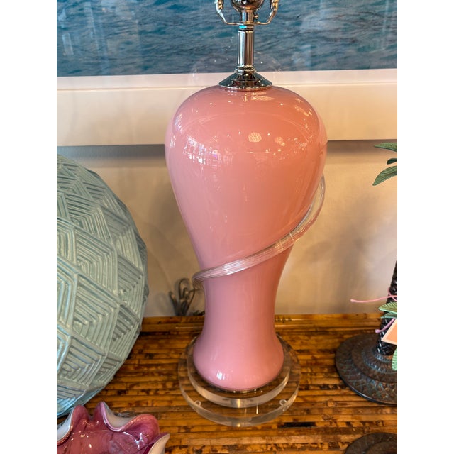 Vintage Art Deco Murano Palm Beach Pink Glass Table Lamps Newly Wired For Sale - Image 11 of 12