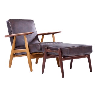 Hans Wegner for Getama Ge-290 Mid Century Danish Teak High Back Lounge Chairs - Pair With Ottoman For Sale