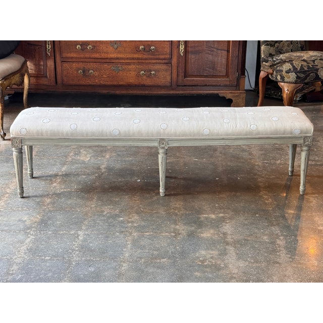 Mid 20th Century Mid 20th Century Louis XVI Painted Bench With Embroidered Linen Seat For Sale - Image 5 of 8