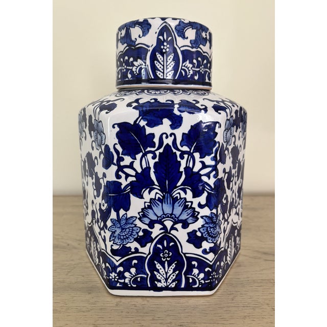 1980s Hexagonal Blue and White Ginger Jar For Sale - Image 4 of 6
