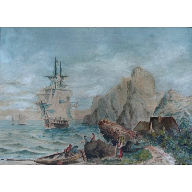 French Antique French Nautical Maritime Fine Aquarelle Watercolor, Frame For Sale - Image 3 of 10