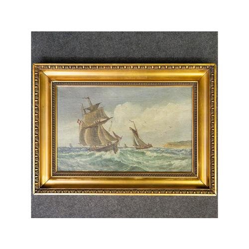 Object: Framed oil painting Period & Style: Early 20th century Features: - Gilded profile frame - Maritime painting with...