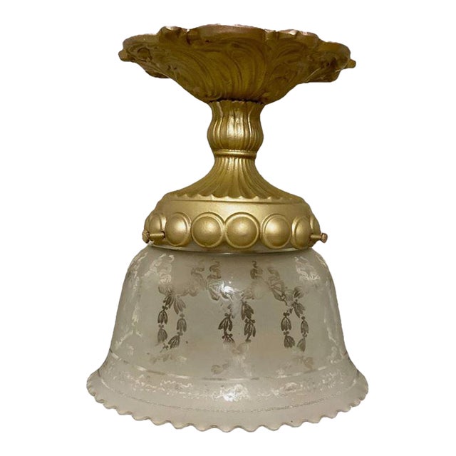 Vintage Victorian Style Brass Celling Light Flush Mount With Etched Shade For Sale