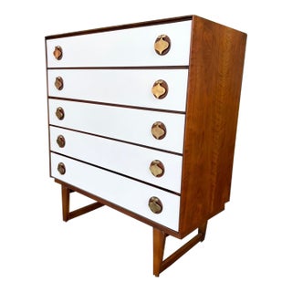Mid Century Stanley Tallboy W/ Brass Spade Pulls For Sale