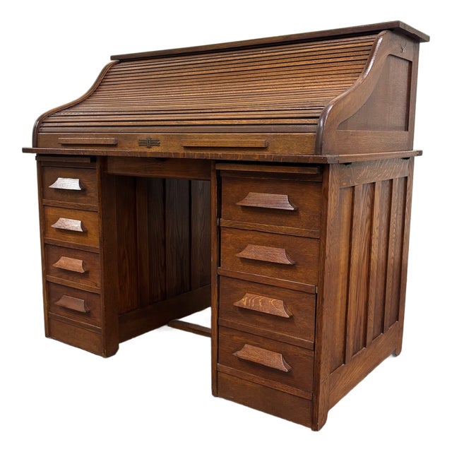 Antique American Mission Arts and Crafts Quarter Sawn White Oak Roll Top Desk For Sale