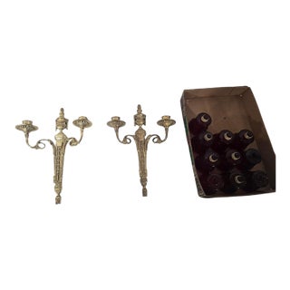 Vintage Brass Louis XVI-Style Wall Candle Sconces With Ruby Glass Cups - Pair For Sale