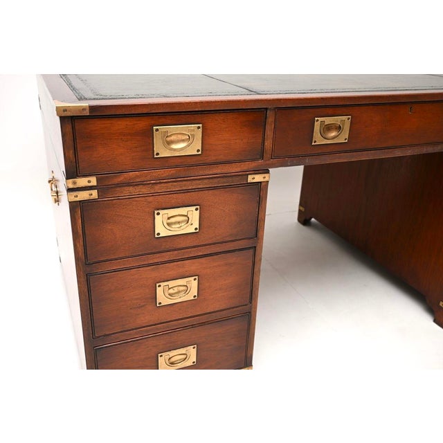 Antique Leather Top Military Campaign Partners Desk, 1950 For Sale - Image 9 of 11