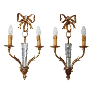 Hollywood Regency Wall Lights with Arrow and Quiver Gold & Crystal Glass from Maison Baguès, 1970s, Set of 2 For Sale