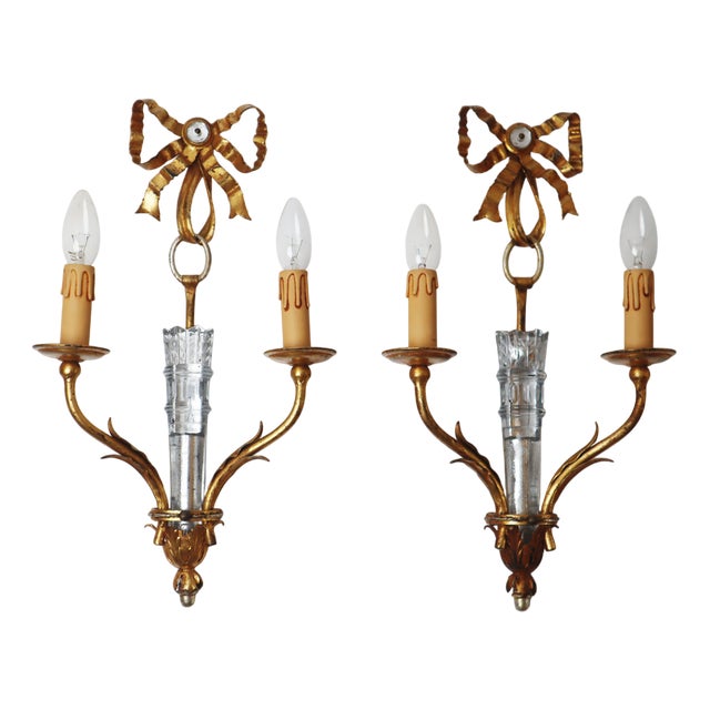 Hollywood Regency Wall Lights with Arrow and Quiver Gold & Crystal Glass from Maison Baguès, 1970s, Set of 2 For Sale