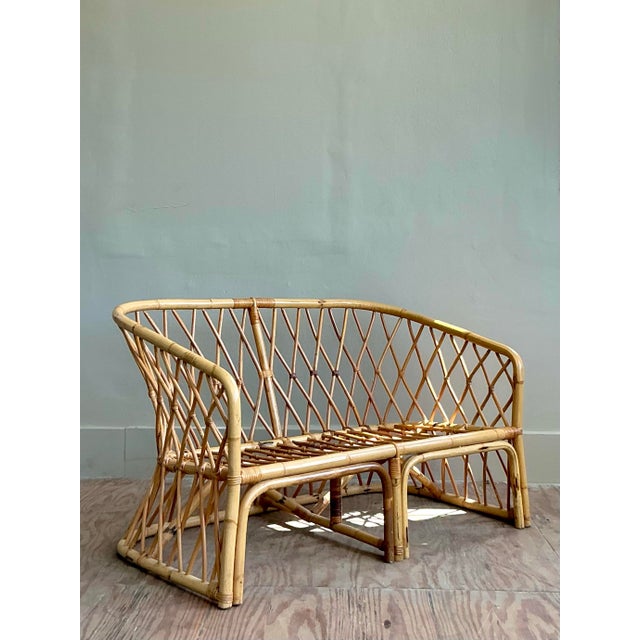 Vintage Coastal Trellis Bent Rattan Loveseat For Sale - Image 4 of 6