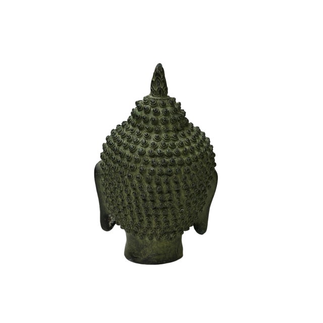 Rustic 6" Vintage Green Bronze Patina Metal Finish Rustic Buddha Head Display Figure For Sale - Image 3 of 8