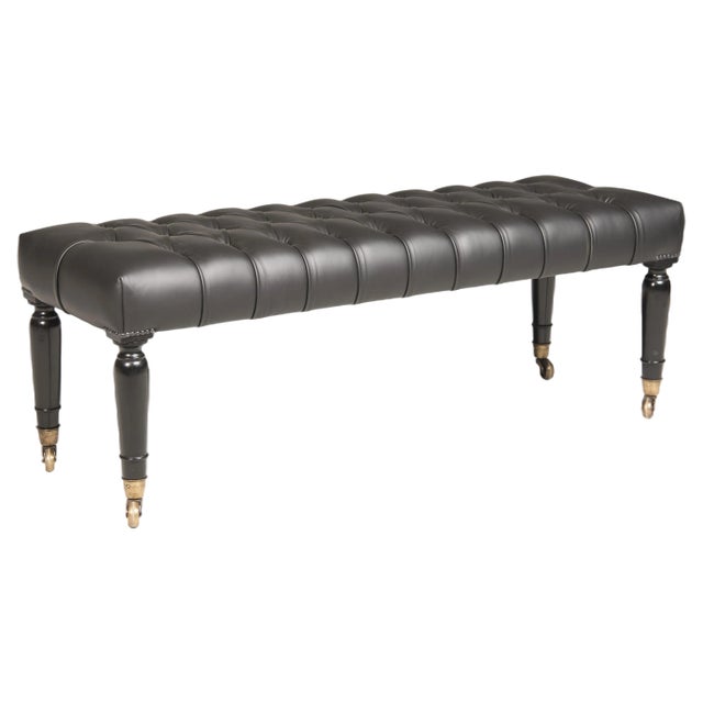 Mid-19th Century Brass Wheeled Black Leather and Ebonized Wood Bench, 1950s For Sale