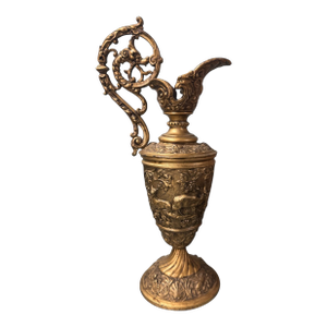 Early 20th Century Ornate Cast Metal 16" Figural Handled Ewer Urn With Deer & Ducks