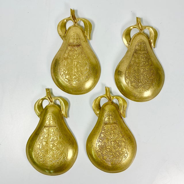 Mid-Century Hollywood Regency Boho Chic Brass Pear Dessert Plates - Set of 4 For Sale - Image 11 of 12