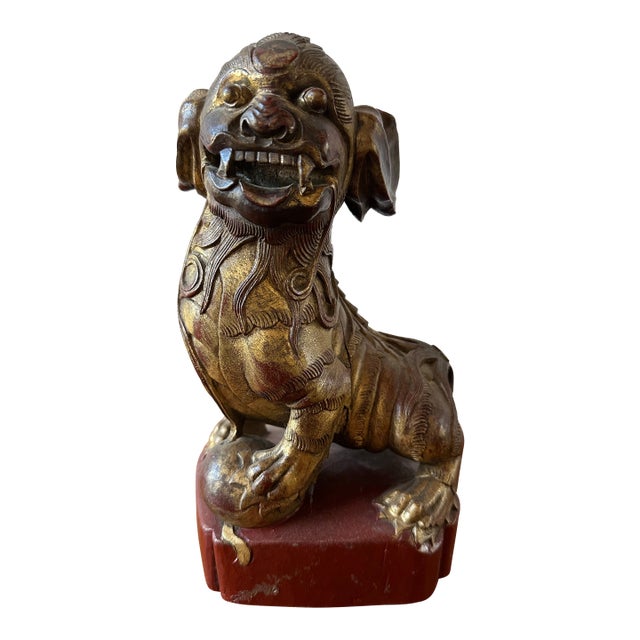 1920s Chinese Red Carved Gilt Wood Foo Dog For Sale