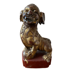 1920s Chinese Red Carved Gilt Wood Foo Dog